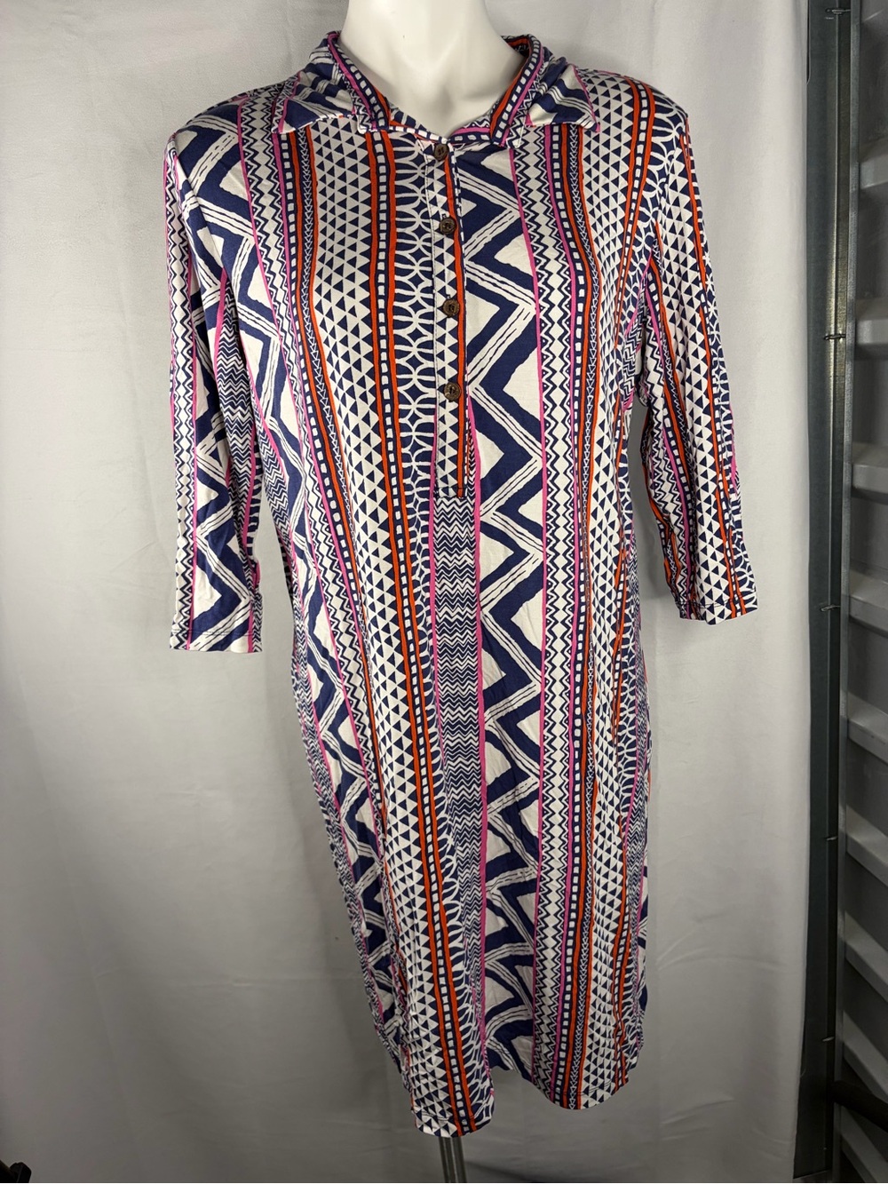 Printed Stripe Dress in Navy, Pink & Orange